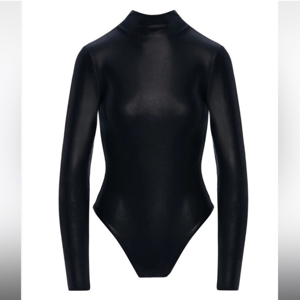 Naked Wardrobe Drip Long sleeve Faux Leather Turtleneck Thong Snatch Bodysuit XS